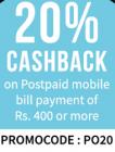 20% cashback on Postpaid mobile bill payments of Rs. 400 & above