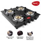 Pigeon by Stovekraft Aster 4 High Powered Brass Burner Gas Stove, Cooktop with Glass Top and Stainless Steel body, Manual Ignition (Black)