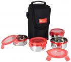 Solimo Stainless Steel Lunch Box Set with Bag, 300ml, 11cm Diameter, 4-Pieces, Red Lid