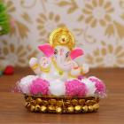eCraftIndia Lord Ganesha Idol on Decorative Handcrafted Plate with Pink and White Flowers