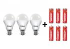 Eveready B22 Base 7-Watt LED Bulb (Pack of 3, Cool Day Light) with Free 6 1015 AA carbon zinc batteries