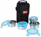 Solimo Stainless Steel Lunch Box Set with Bag, 300ml, 11cm Diameter, 4-Pieces, Blue Lid
