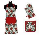 Airwill © Cotton Designer Pattern Heat Resistant Kitchen Linen Set (1 Apron, 1 Oven Mitt, 1 Pot Holder) (Red, White)