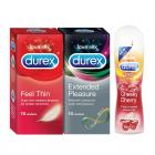 Durex Feel Thin Condom - 10 Pieces with Durex Extended Pleasure Condom - 10 Pieces and Durex Lubes - 50 ml (Cherry)