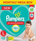 Pampers All round Protection Pants, Large size baby diapers (LG) 128 Count, Anti Rash diapers, Lotion with Aloe Vera