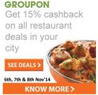 15% Cashback on All Restaurant Deals [6th - 8th Nov]