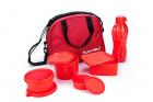 Signoraware Sling Plastic Lunch Box Set with Bag, 5-Pieces, Red