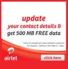 Free 500 MB Airtel 3G Data on Updating Contact Details